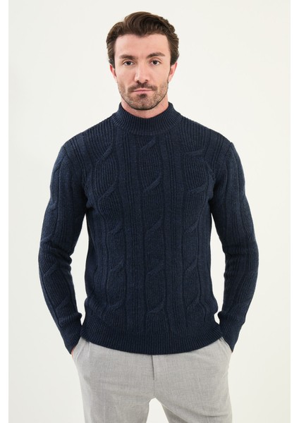 Örgü Desenli Slim Fit Yarım Balıkçı Yaka Yün Erkek Triko Kazak