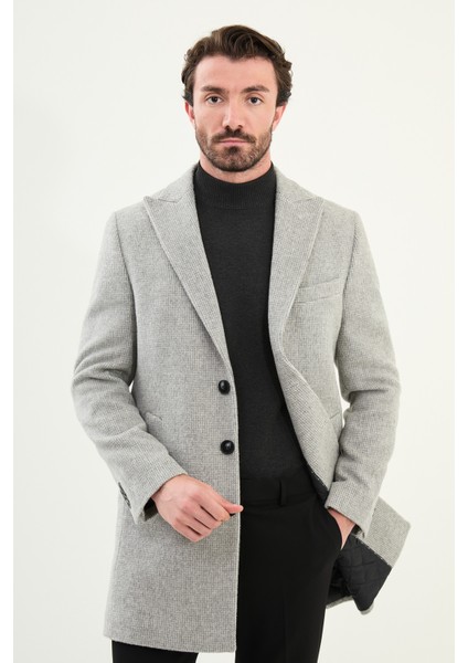 Desenli Slim Fit Geniş Yaka Kaşe Erkek Kaban