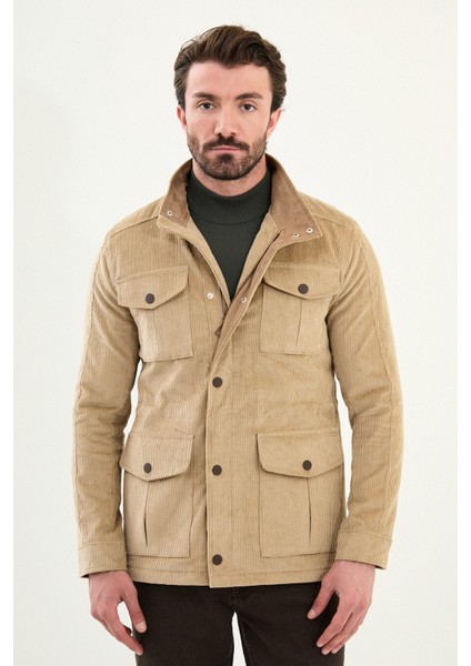 Çizgili Slim Fit Torba Cep Hakim Yaka Kadife Erkek Trenchcoat