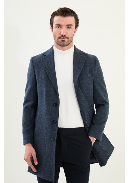 Düz Slim Fit Mono Yaka Klasik Yün Erkek Kaban