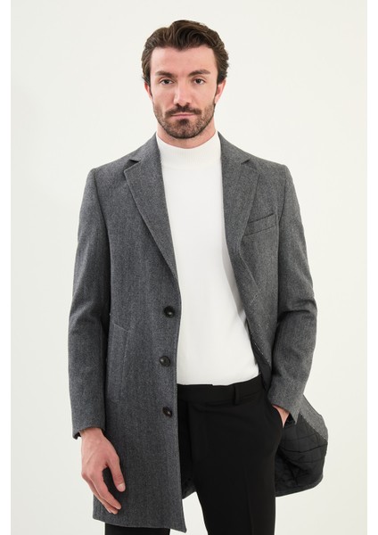 Desenli Slim Fit Mono Yaka Kaşe Erkek Kaban