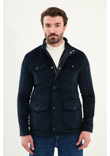 Çizgili Slim Fit Torba Cep Hakim Yaka Kadife Erkek Trenchcoat