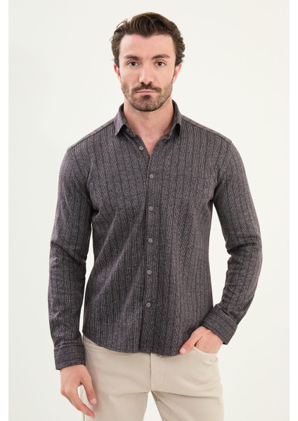 Çizgili Slim Fit Uzun Kollu Oduncu Yün Erkek Gömlek