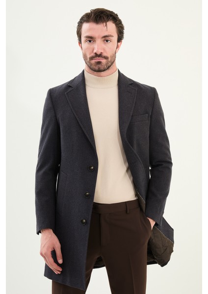 Desenli Slim Fit Mono Yaka Kaşe Erkek Kaban