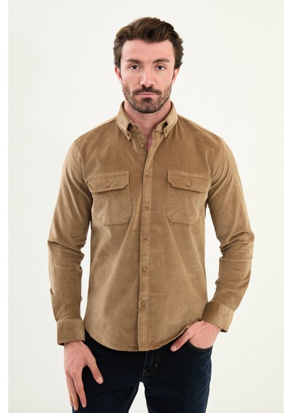 Düz Slim Fit Uzun Kollu Kadife Erkek Gömlek