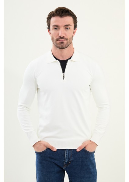 Düz Slim Fit Fermuarlı Polo Yaka Erkek Triko Kazak