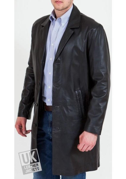 Hakiki Deri Siyah Uzun Düğmeli Erkek Deri Ceket