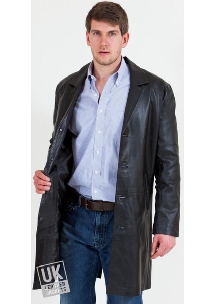 Hakiki Deri Siyah Uzun Düğmeli Erkek Deri Ceket fiyatları