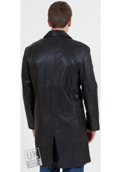 Hakiki Deri Siyah Uzun Düğmeli Erkek Deri Ceket modelleri