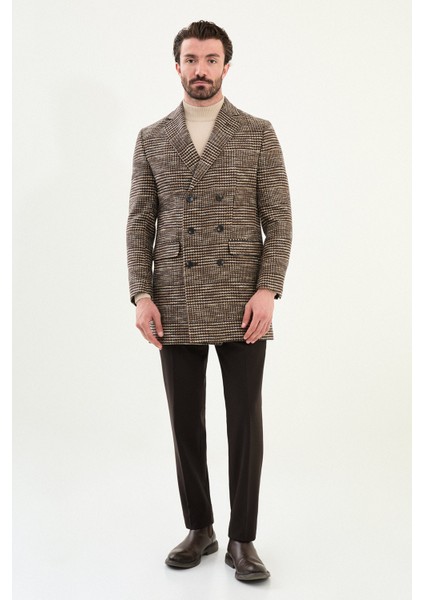 Ekoseli Slim Fit Geniş Yaka Kruvaze Yün Erkek Kaban