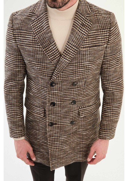 Ekoseli Slim Fit Geniş Yaka Kruvaze Yün Erkek Kaban fiyatları