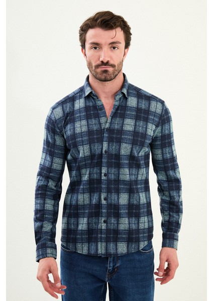 Ekoseli Slim Fit Uzun Kollu Oduncu Yün Erkek Gömlek