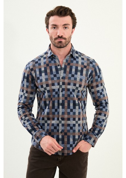 Desenli Slim Fit Uzun Kollu Oduncu Yün Erkek Gömlek