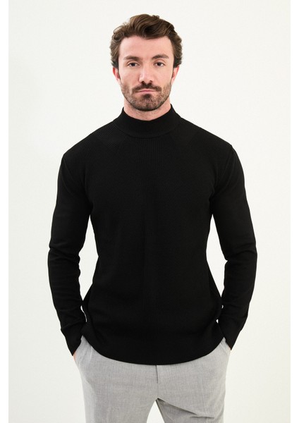 Çizgili Slim Fit Yarım Balıkçı Yaka Erkek Triko Kazak