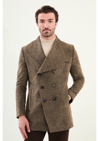 Kırçıllı Slim Fit Geniş Şal Yaka Çapraz Düğmeli Yün Erkek Kaban
