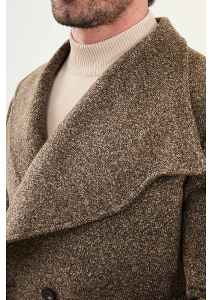 Kırçıllı Slim Fit Geniş Şal Yaka Çapraz Düğmeli Yün Erkek Kaban fiyatları