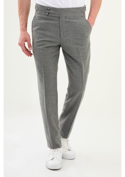 Kareli Slim Fit Beli Tokalı Yün Erkek Pantolon