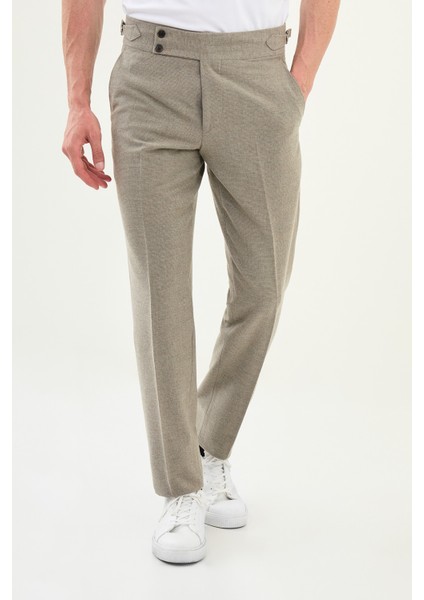 Kareli Slim Fit Beli Tokalı Yün Erkek Pantolon