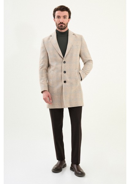 Ekoseli Slimf Fit Mono Yaka Yün Erkek Kaban