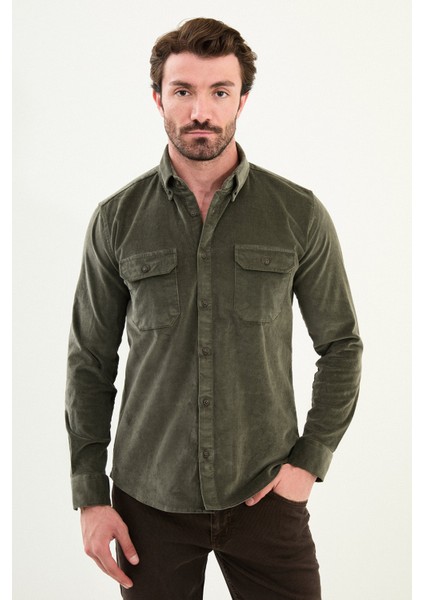 Düz Slim Fit Uzun Kollu Kadife Erkek Gömlek