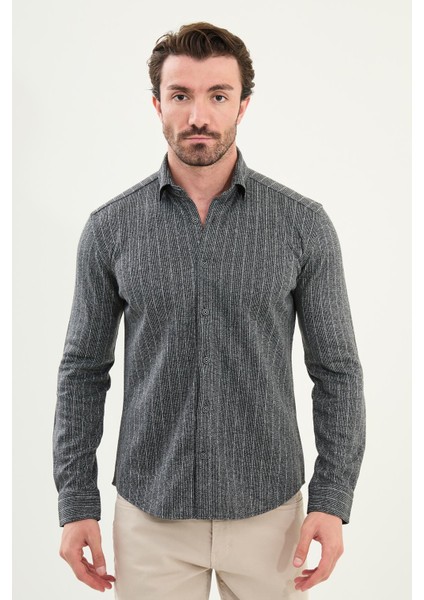 Çizgili Slim Fit Uzun Kollu Oduncu Yün Erkek Gömlek