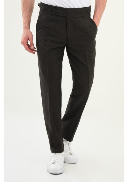 Kareli Slim Fit Beli Tokalı Yün Erkek Pantolon