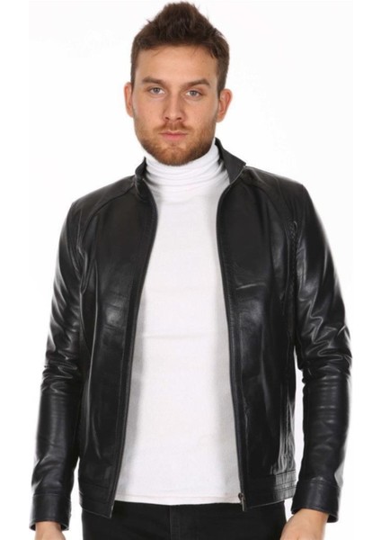 Hakiki Deri Siyah Tori Fermuarlı Erkek Deri Ceket