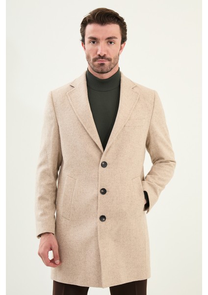 Düz Slim Fit Mono Yaka Klasik Yün Erkek Kaban