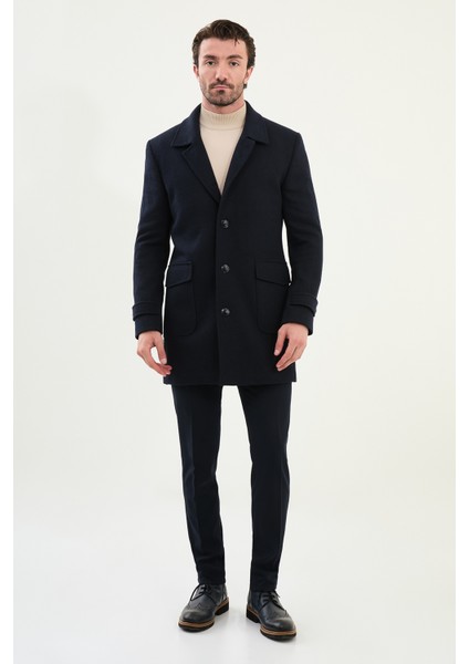 Düz Slim Fit Torba Cep Geniş Yaka Yün Erkek Kaban