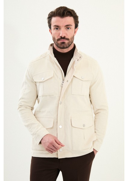 Çizgili Slim Fit Torba Cep Hakim Yaka Kadife Erkek Trenchcoat