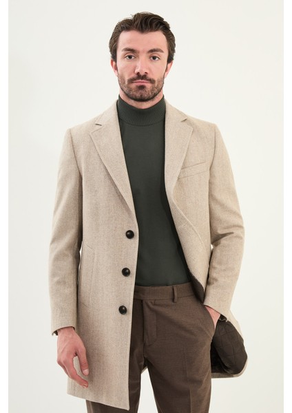 Desenli Slim Fit Mono Yaka Kaşe Erkek Kaban