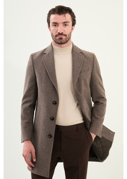 Desenli Slim Fit Mono Yaka Kaşe Erkek Kaban