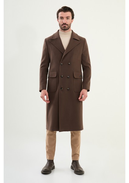 Düz Slim Fit Torba Cep Geniş Yaka Kruvaze Uzun Kaşe Erkek Kaban