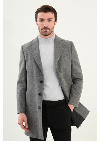 Düz Slim Fit Mono Yaka Klasik Yün Erkek Kaban
