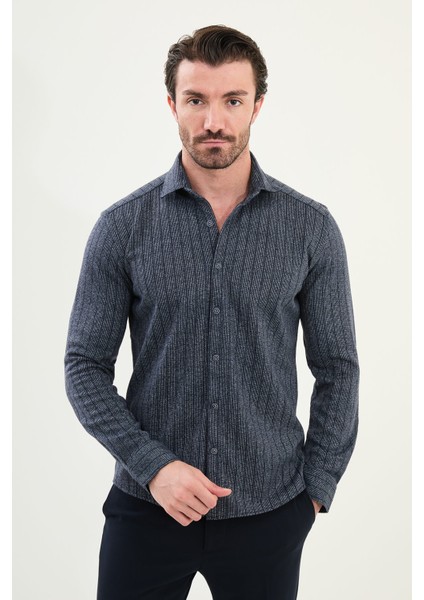 Çizgili Slim Fit Uzun Kollu Oduncu Yün Erkek Gömlek