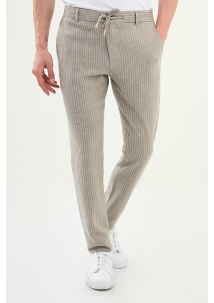 Çizgili Super Slim Fit Beli Lastikli Ipli Pamuk Erkek Pantolon