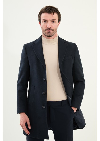 Düz Slim Fit Mono Yaka Klasik Yün Erkek Kaban