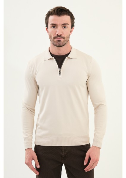 Düz Slim Fit Fermuarlı Polo Yaka Erkek Triko Kazak