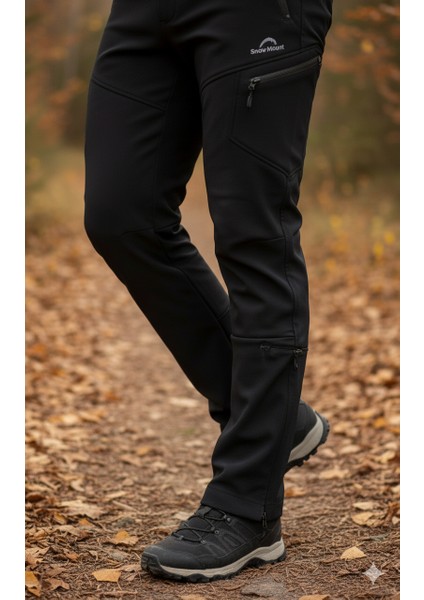 Paça Fermuarlı Siyah Softshell Su İtici Rüzgar Geçirmez Outdoor Kışlık Pantolon