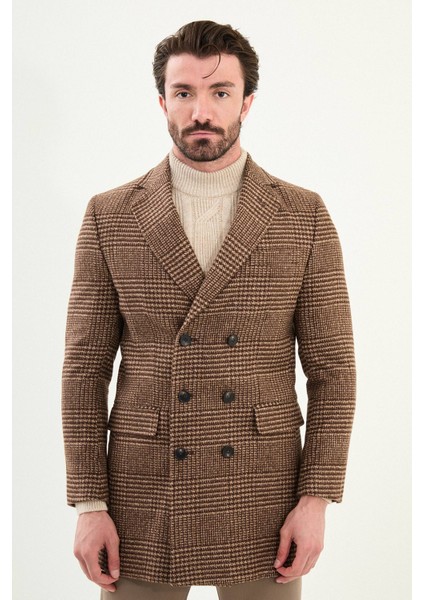 Ekoseli Slim Fit Geniş Yaka Kruvaze Yün Erkek Kaban