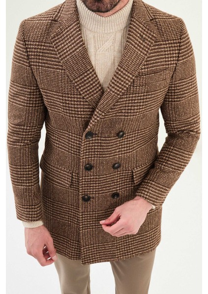 Ekoseli Slim Fit Geniş Yaka Kruvaze Yün Erkek Kaban fiyatları