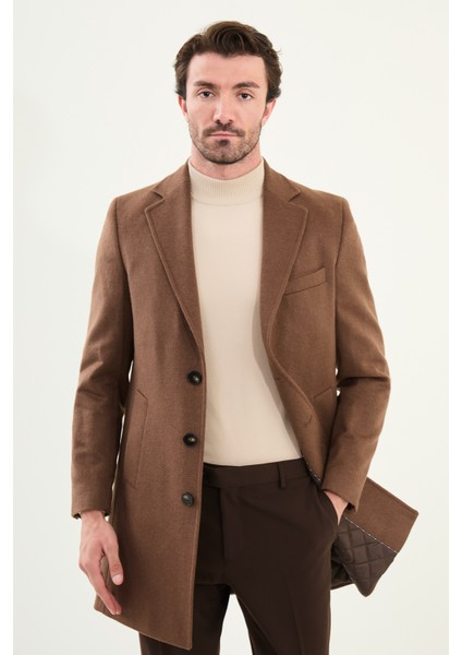Düz Slim Fit Mono Yaka Klasik Yün Erkek Kaban