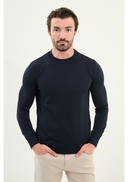 Düz Slim Fit Bisiklet Yaka Basic Erkek Triko Kazak