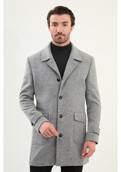 Düz Slim Fit Torba Cep Geniş Yaka Yün Erkek Kaban