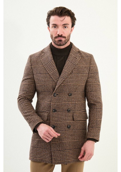 Ekoseli Slim Fit Geniş Yaka Kruvaze Yün Erkek Kaban