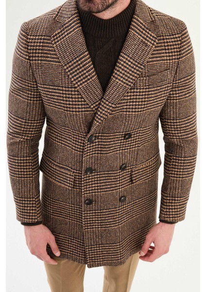 Ekoseli Slim Fit Geniş Yaka Kruvaze Yün Erkek Kaban fiyatları