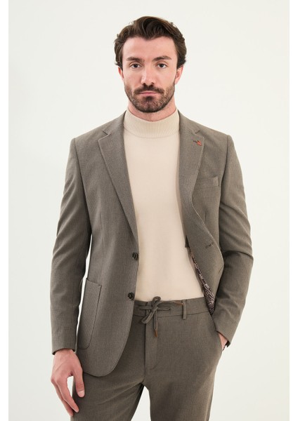 Çizgili Slim Fit Torba Cep Mono Yaka Erkek Ceket