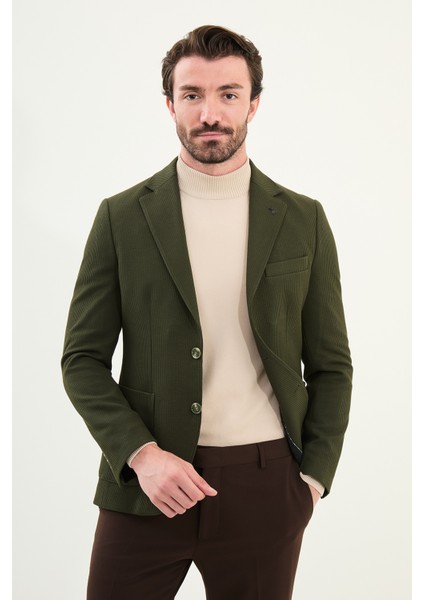 Çizgili Slim Fit Torba Cep Mono Yaka Erkek Ceket