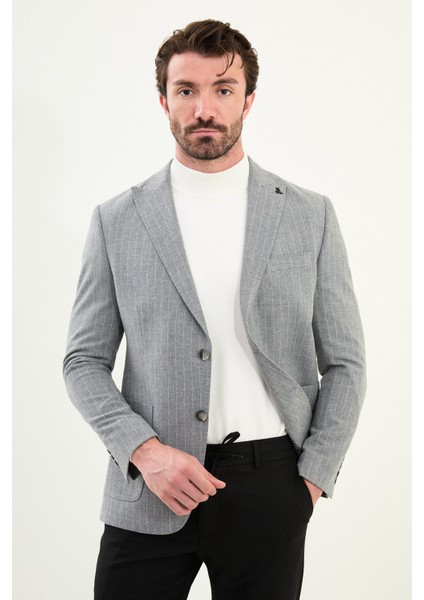 Çizgili Slim Fit Torba Cep Geniş Yaka Yün Erkek Ceket