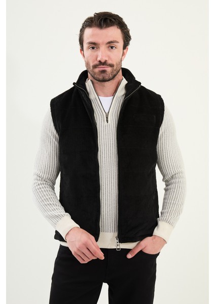 Düz Slim Fit Dik Yaka Kadife Erkek Yelek